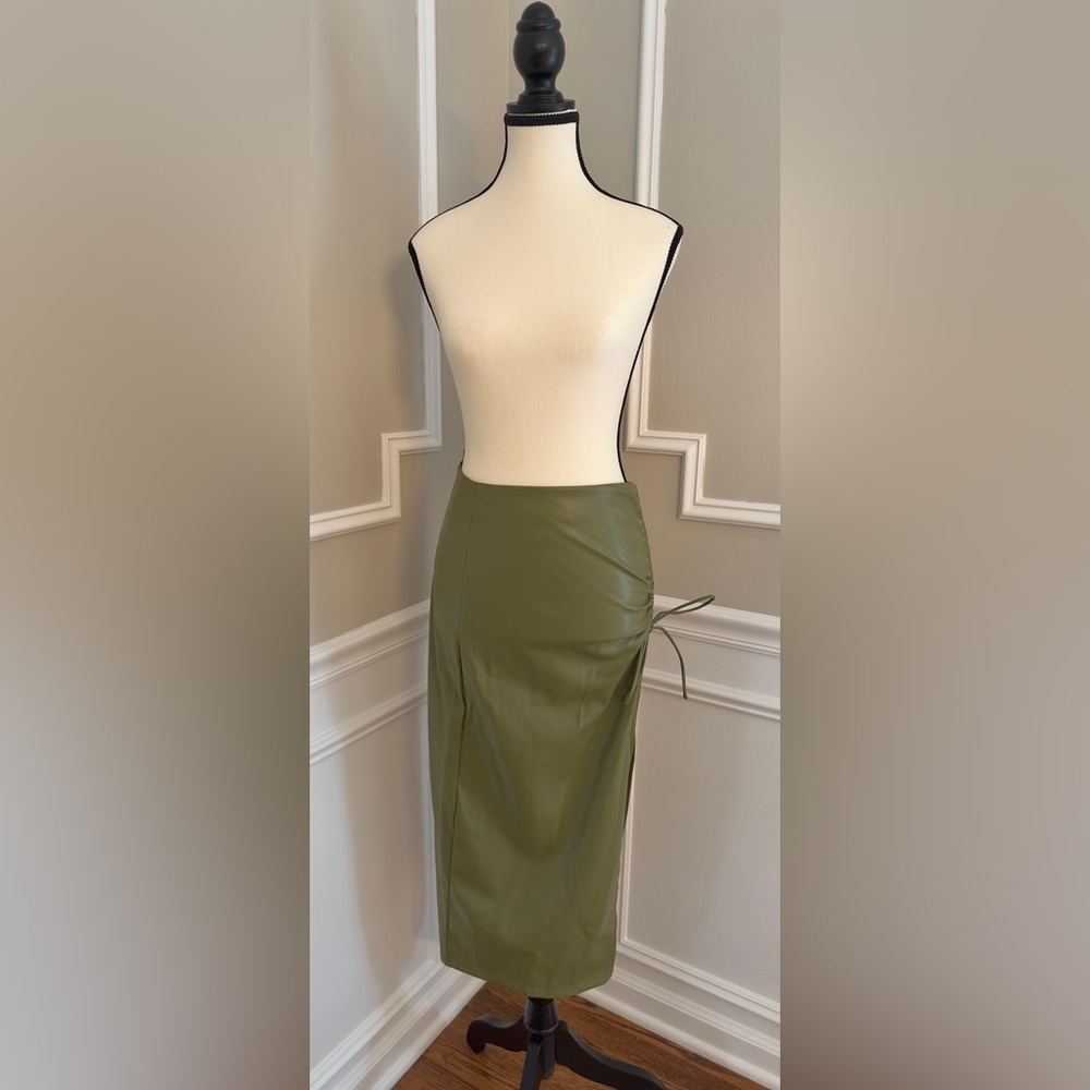 SOLD! NWT! Faux Leather Olive Green Midi Pencil Skirt. Size XS
